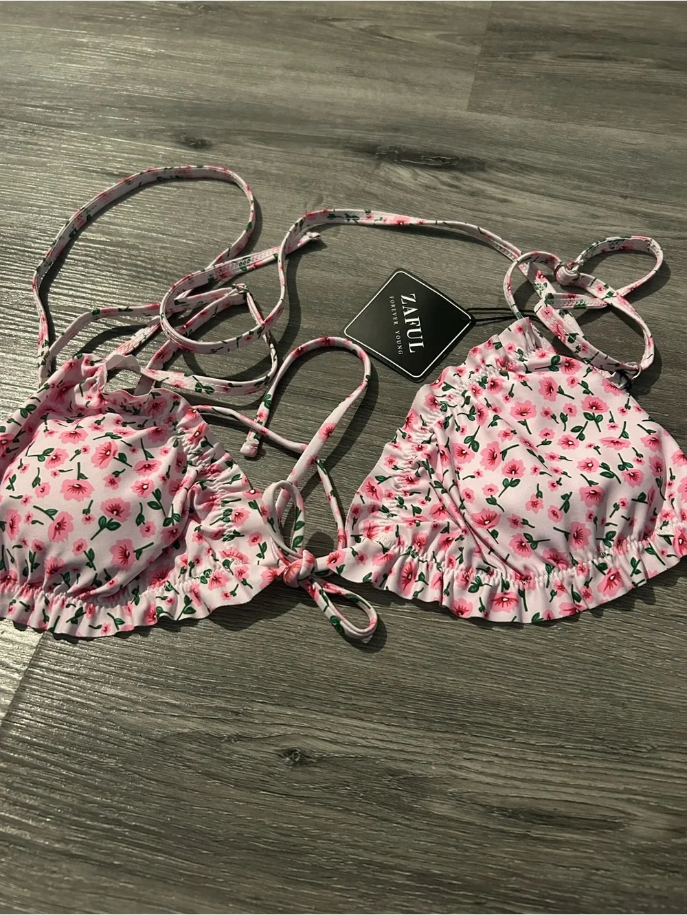 Zaful Pink Floral Ruffle Triangle Bikini Top with Green Accents